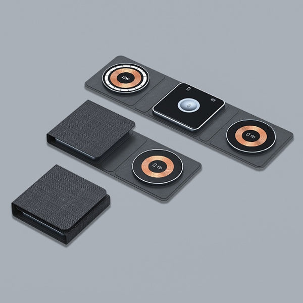 Transparent magnetic 3-in-1 wireless charger folded for iPhone, Apple Watch & AirPods – minimalist travel tech hub in Australia