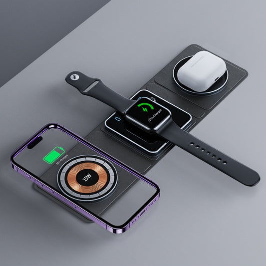 Transparent magnetic 3-in-1 wireless charger folded for iPhone, Apple Watch & AirPods – minimalist travel tech hub in Australia